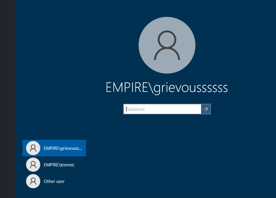 RDP login screen of MUSTAFAR showing EMPIRE\grievoussssss and EMPIRE\krennic