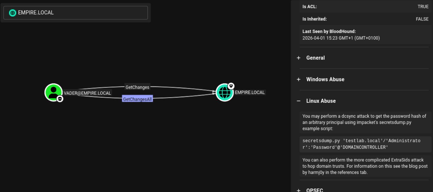 BloodHound showing VADER@EMPIRE.LOCAL has GetChanges and GetChangesAll on the EMPIRE LOCAL domain object